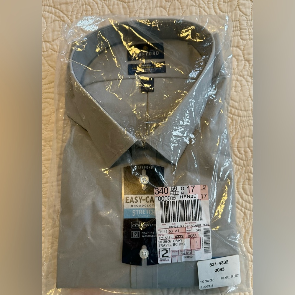 Stafford Travel Broadcloth Long sleeve Dress Shirt Grey Big 20 36/37 Easy care